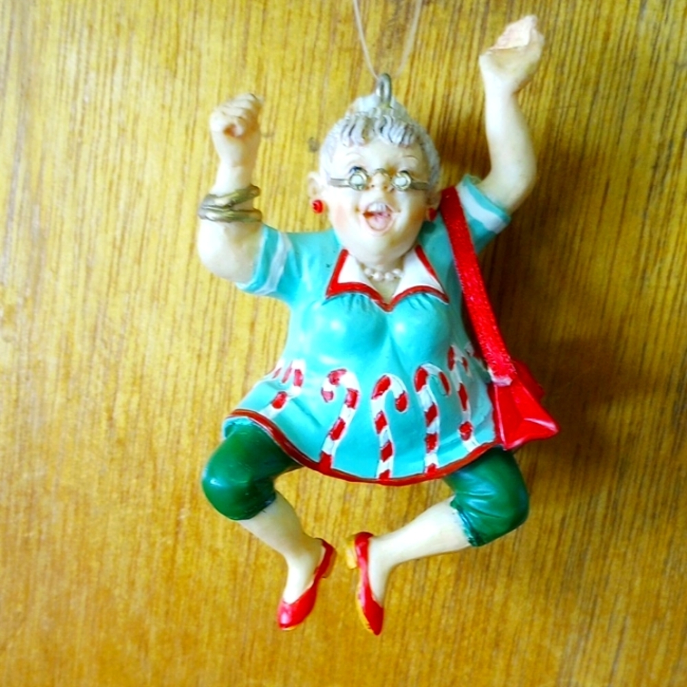 Old Lady Granny Christmas Ornament w/ Red Purse & Candy Cane Dress, Grandmother